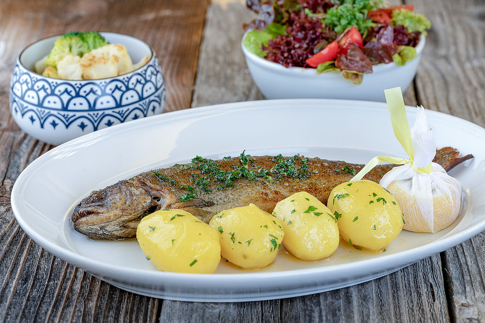 Angerichteter Teller mit Fisch und Petersilienkartoffeln im Salzburger Gasthof 