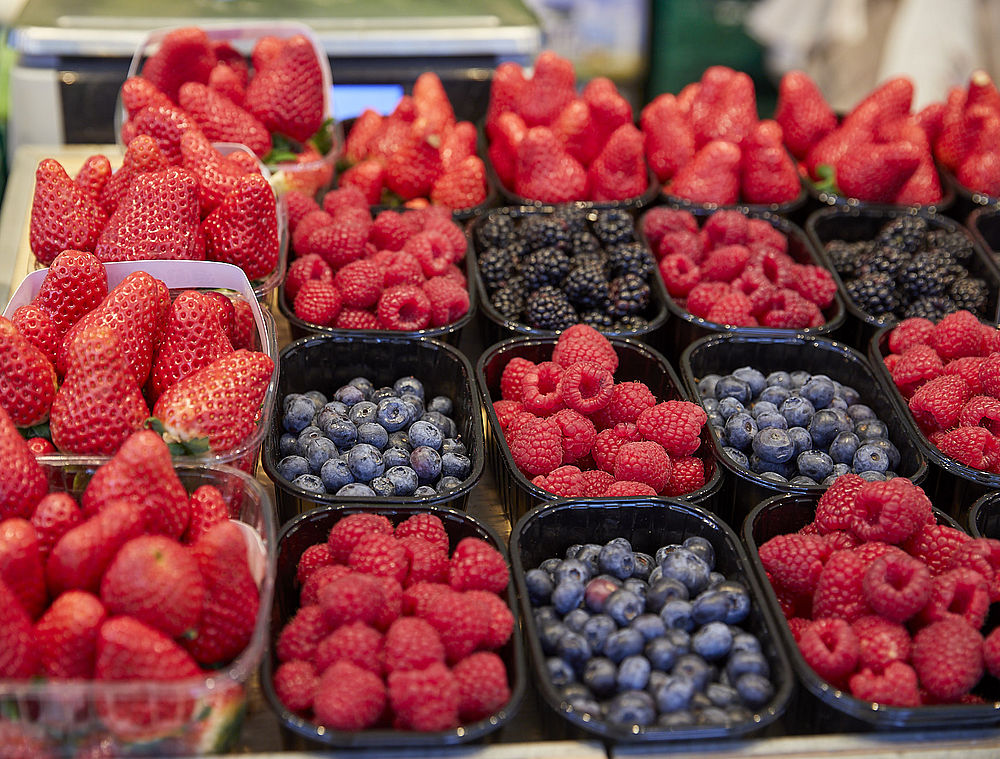 Auswahl an frischen roten und blauen Beeren auf einem Markttisch in Salzburg